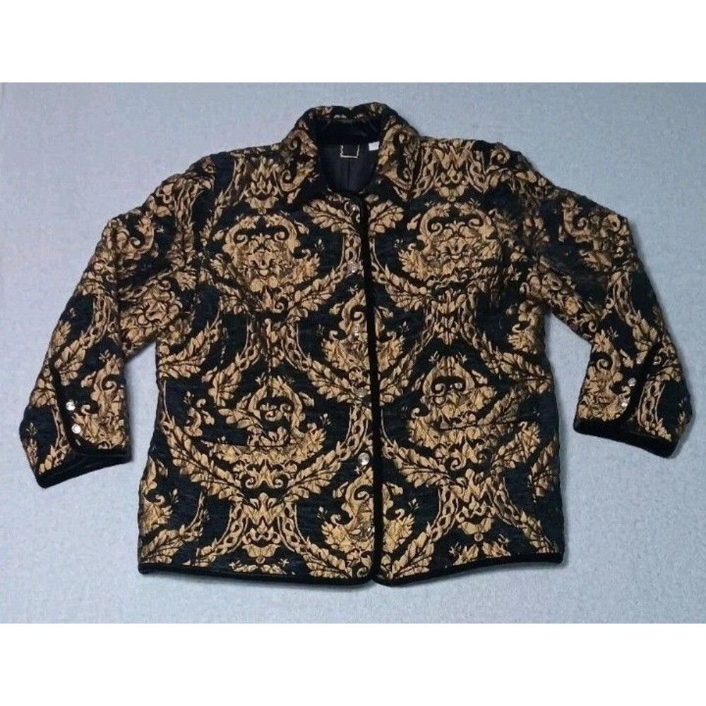 Chicos Baroque Quilted Blazer Jacket Size 4 Black & Gold Velvet Trim Old Money